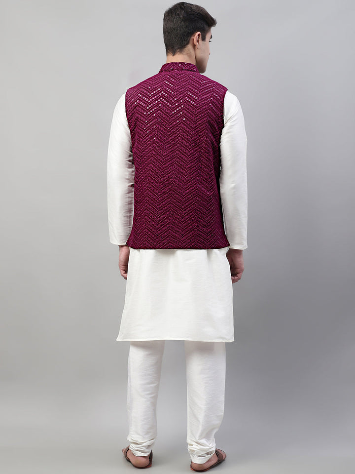Men White Solid Kurta Pyjama With  Purple Embroidered Nehru Jacket