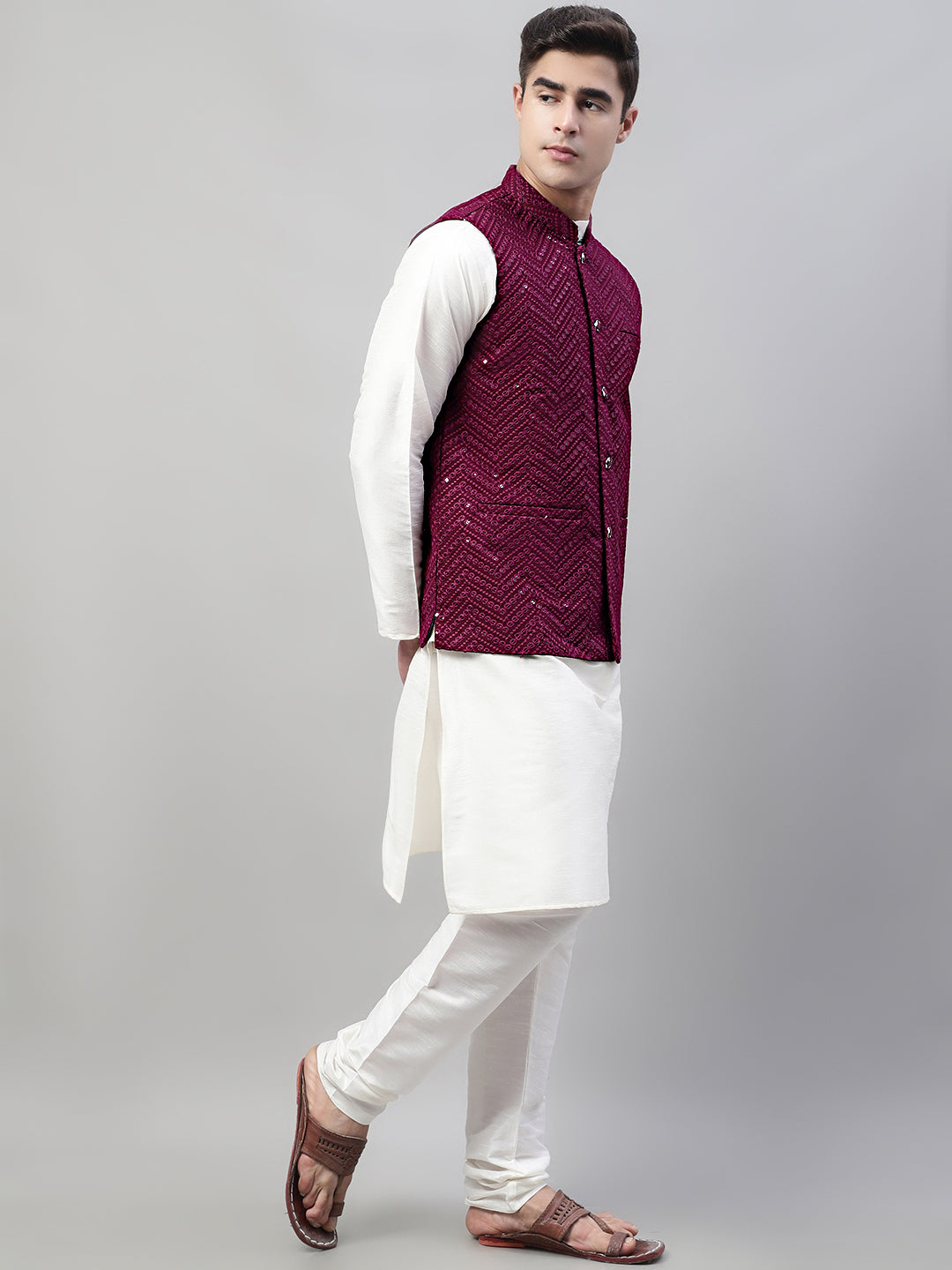 Men White Solid Kurta Pyjama With  Purple Embroidered Nehru Jacket