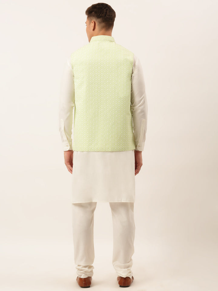 Men White Cotton Blend Kurta With Pyjamas &amp; Embroidered Nehru Jacket