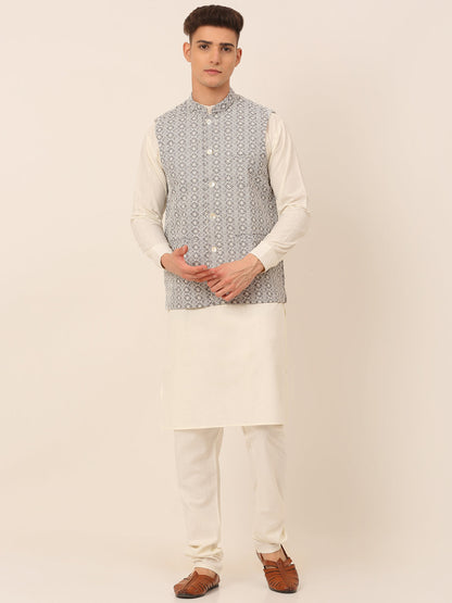 Men White Cotton Blend Kurta With Pyjamas & Embroidered Nehru Jacket