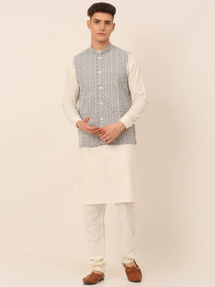 Men White Cotton Blend Kurta With Pyjamas &amp; Embroidered Nehru Jacket