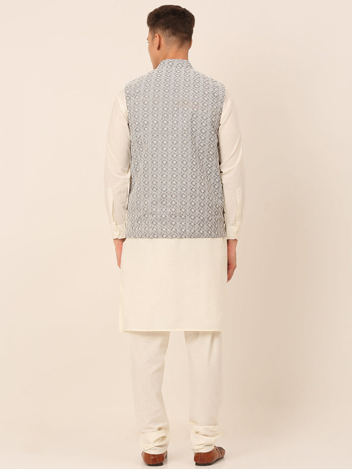 Men White Cotton Blend Kurta With Pyjamas &amp; Embroidered Nehru Jacket