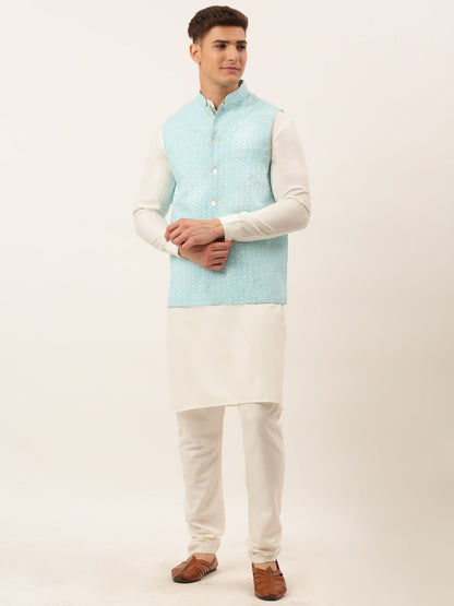 Men White Cotton Blend Kurta With Pyjamas & Embroidered Nehru Jacket
