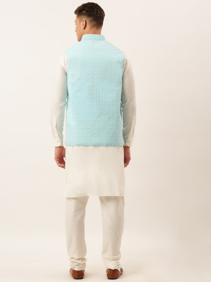Men White Cotton Blend Kurta With Pyjamas &amp; Embroidered Nehru Jacket