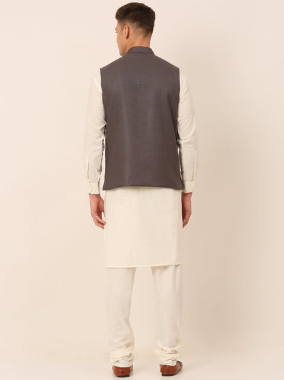Men'S Solid Kurta Pyjama With Nehru Jacket