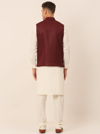 Men'S Solid Kurta Pyjama With Nehru Jacket