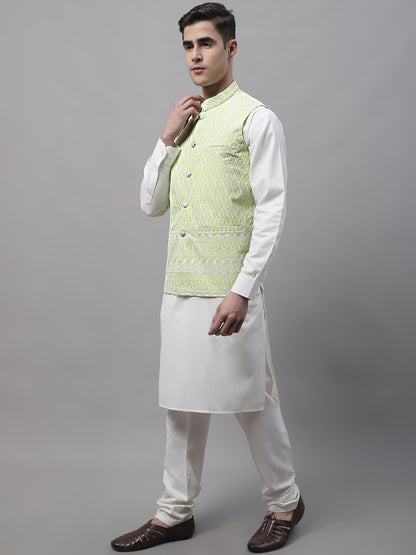 Men Off-White Solid Kurta Pyjama With  Green Embroidered Nehru Jacket