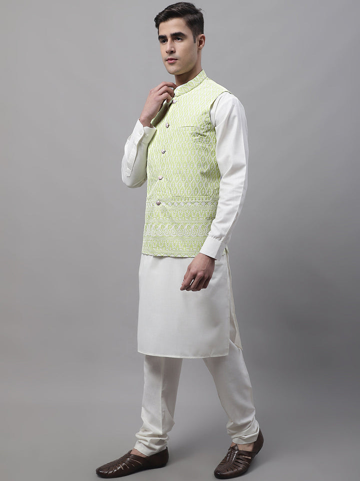 Men Off-White Solid Kurta Pyjama With  Green Embroidered Nehru Jacket