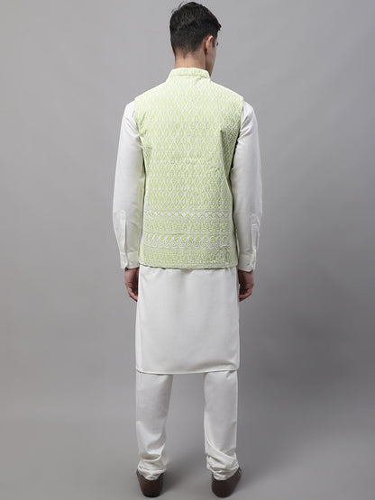 Men Off-White Solid Kurta Pyjama With  Green Embroidered Nehru Jacket