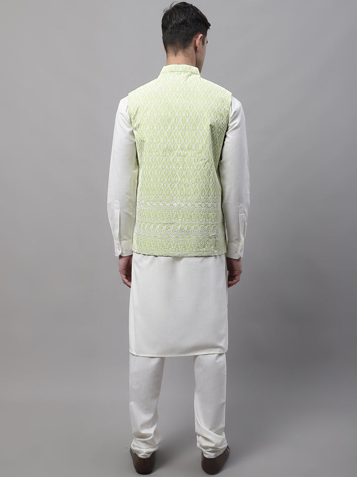 Men Off-White Solid Kurta Pyjama With  Green Embroidered Nehru Jacket
