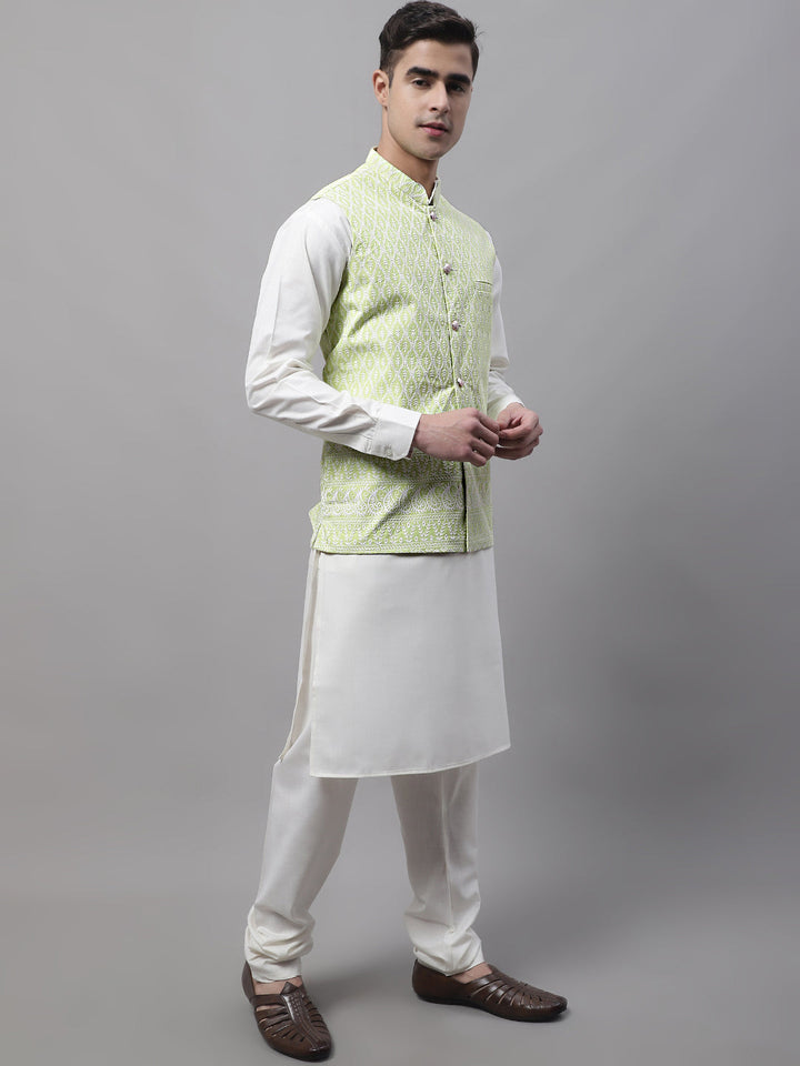 Men Off-White Solid Kurta Pyjama With  Green Embroidered Nehru Jacket
