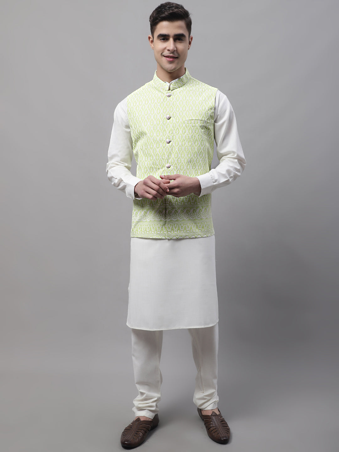Men Off-White Solid Kurta Pyjama With  Green Embroidered Nehru Jacket