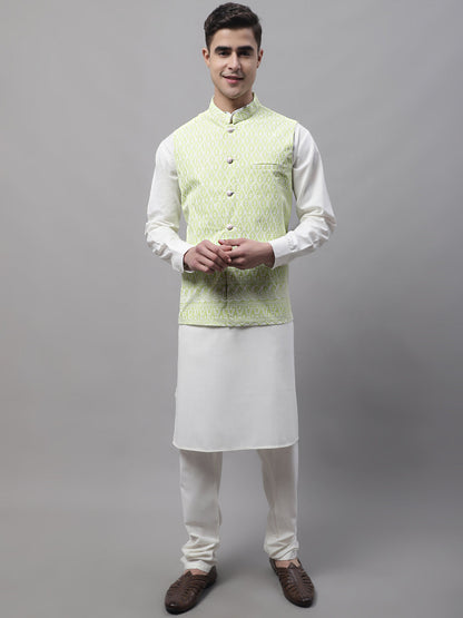 Men Off-White Solid Kurta Pyjama With  Green Embroidered Nehru Jacket
