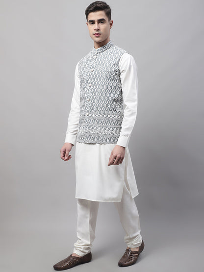 Men Off-White Solid Kurta Pyjama With  Grey Embroidered Nehru Jacket