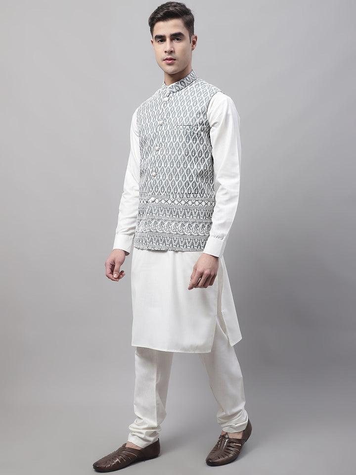 Men Off-White Solid Kurta Pyjama With  Grey Embroidered Nehru Jacket
