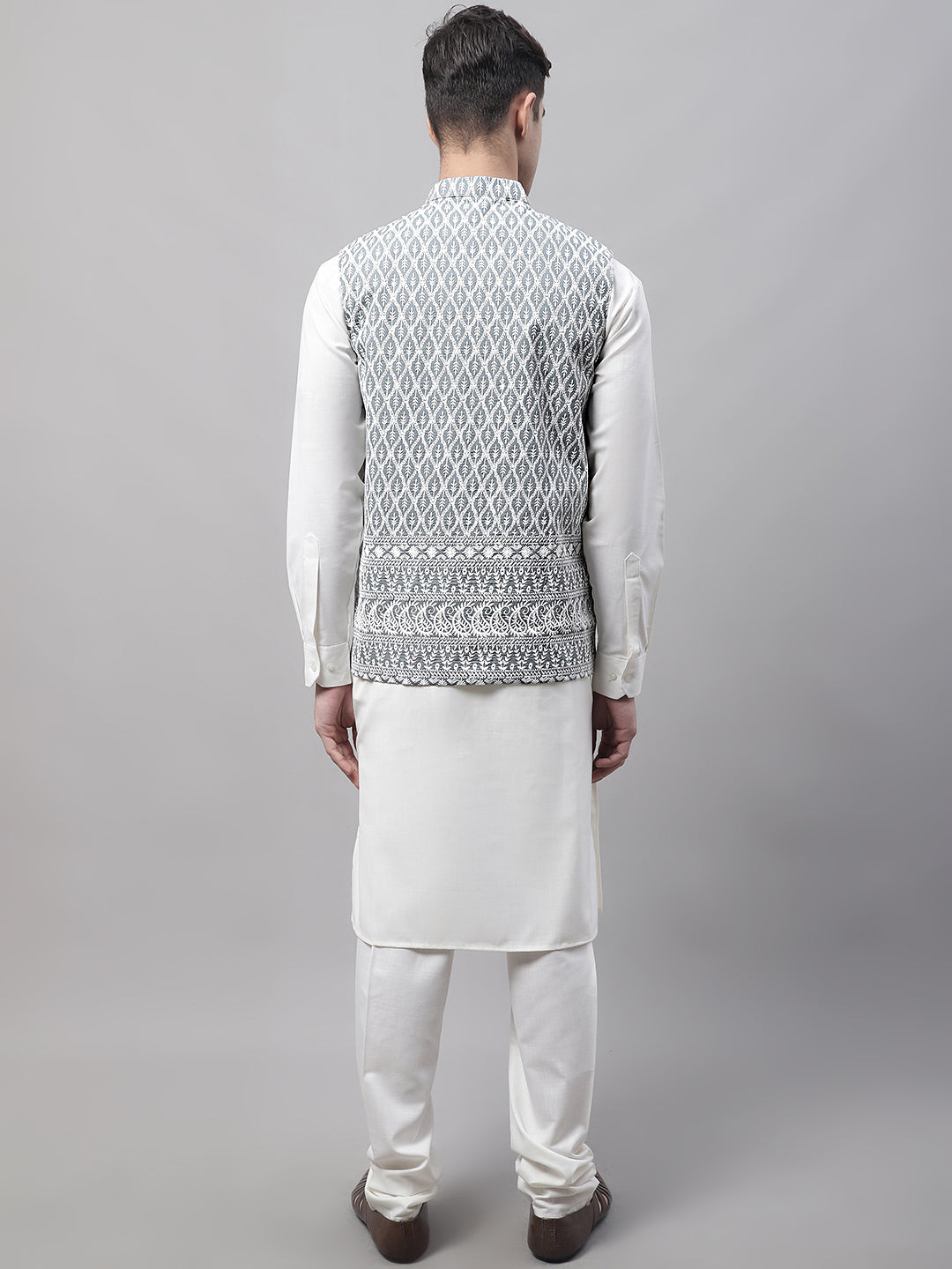 Men Off-White Solid Kurta Pyjama With  Grey Embroidered Nehru Jacket