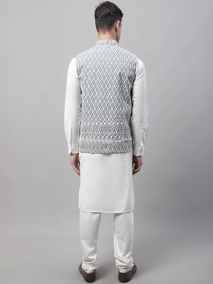 Men Off-White Solid Kurta Pyjama With  Grey Embroidered Nehru Jacket