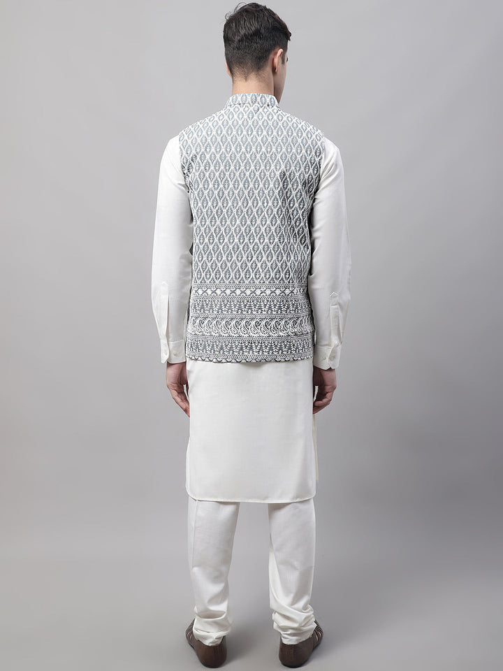 Men Off-White Solid Kurta Pyjama With  Grey Embroidered Nehru Jacket