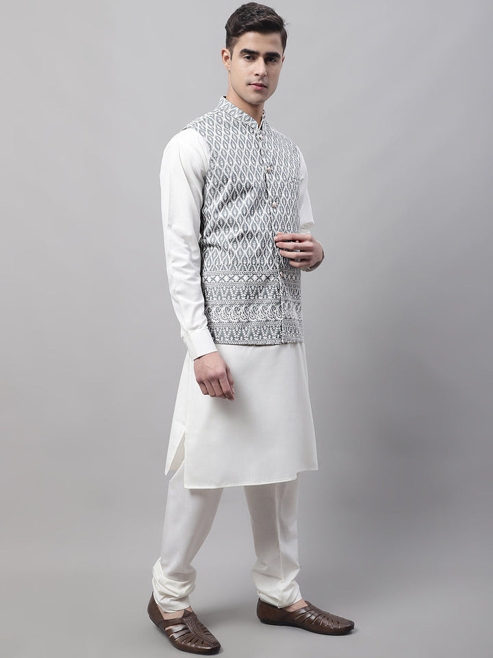 Men Off-White Solid Kurta Pyjama With  Grey Embroidered Nehru Jacket