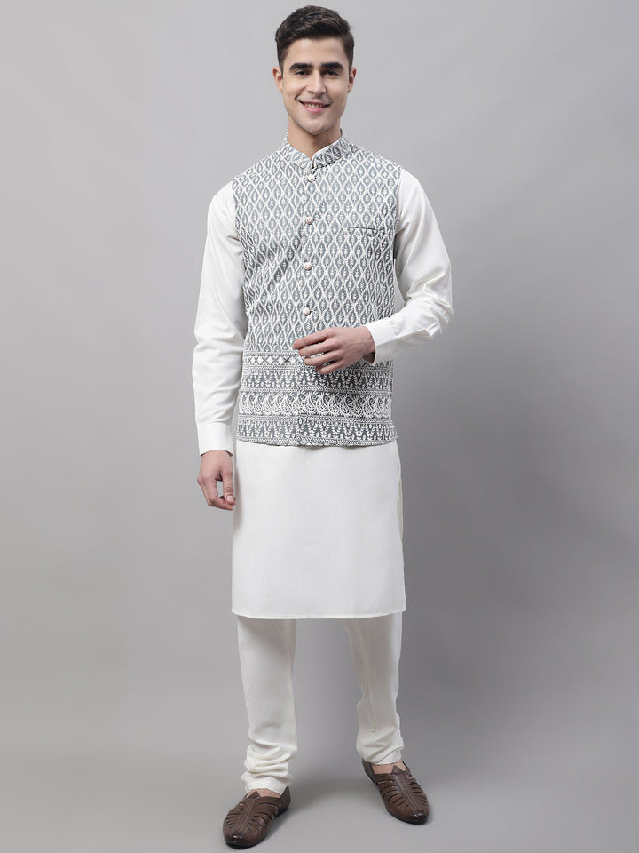 Men Off-White Solid Kurta Pyjama With  Grey Embroidered Nehru Jacket