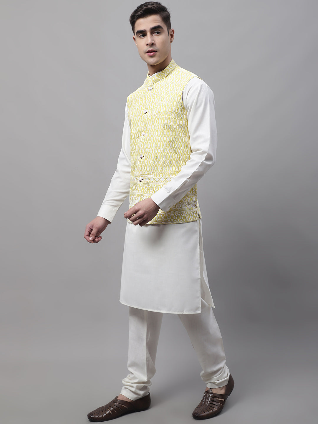 Men Off-White Solid Kurta Pyjama With  Yellow Embroidered Nehru Jacket