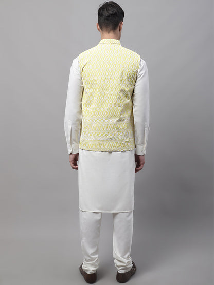 Men Off-White Solid Kurta Pyjama With  Yellow Embroidered Nehru Jacket