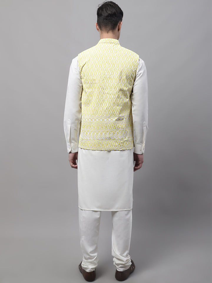 Men Off-White Solid Kurta Pyjama With  Yellow Embroidered Nehru Jacket