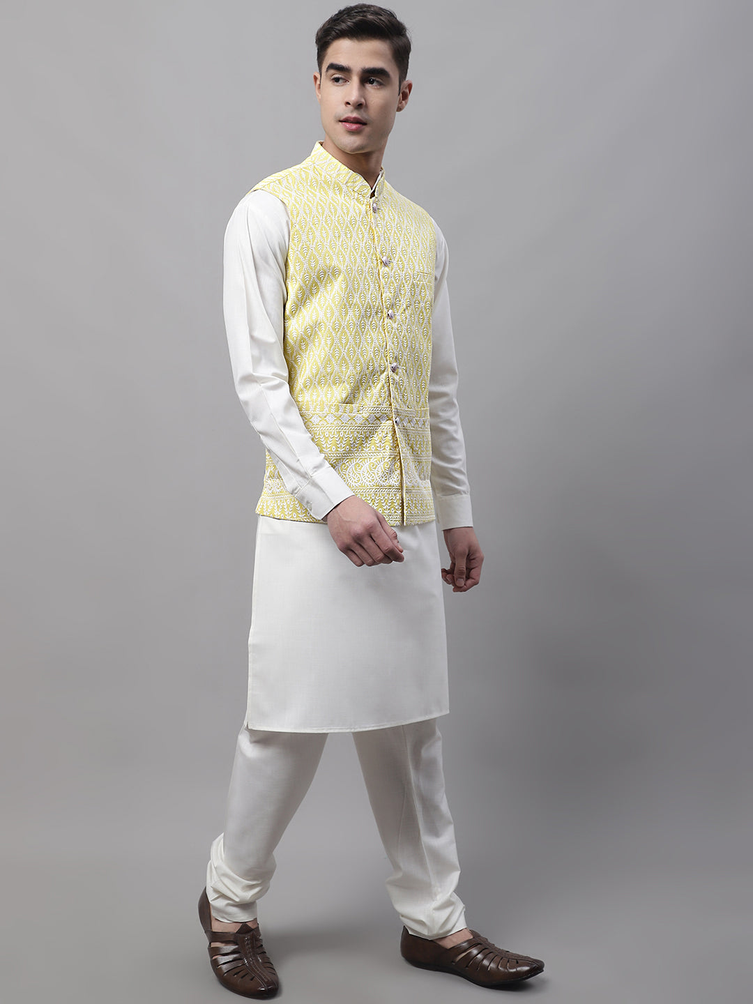 Men Off-White Solid Kurta Pyjama With  Yellow Embroidered Nehru Jacket