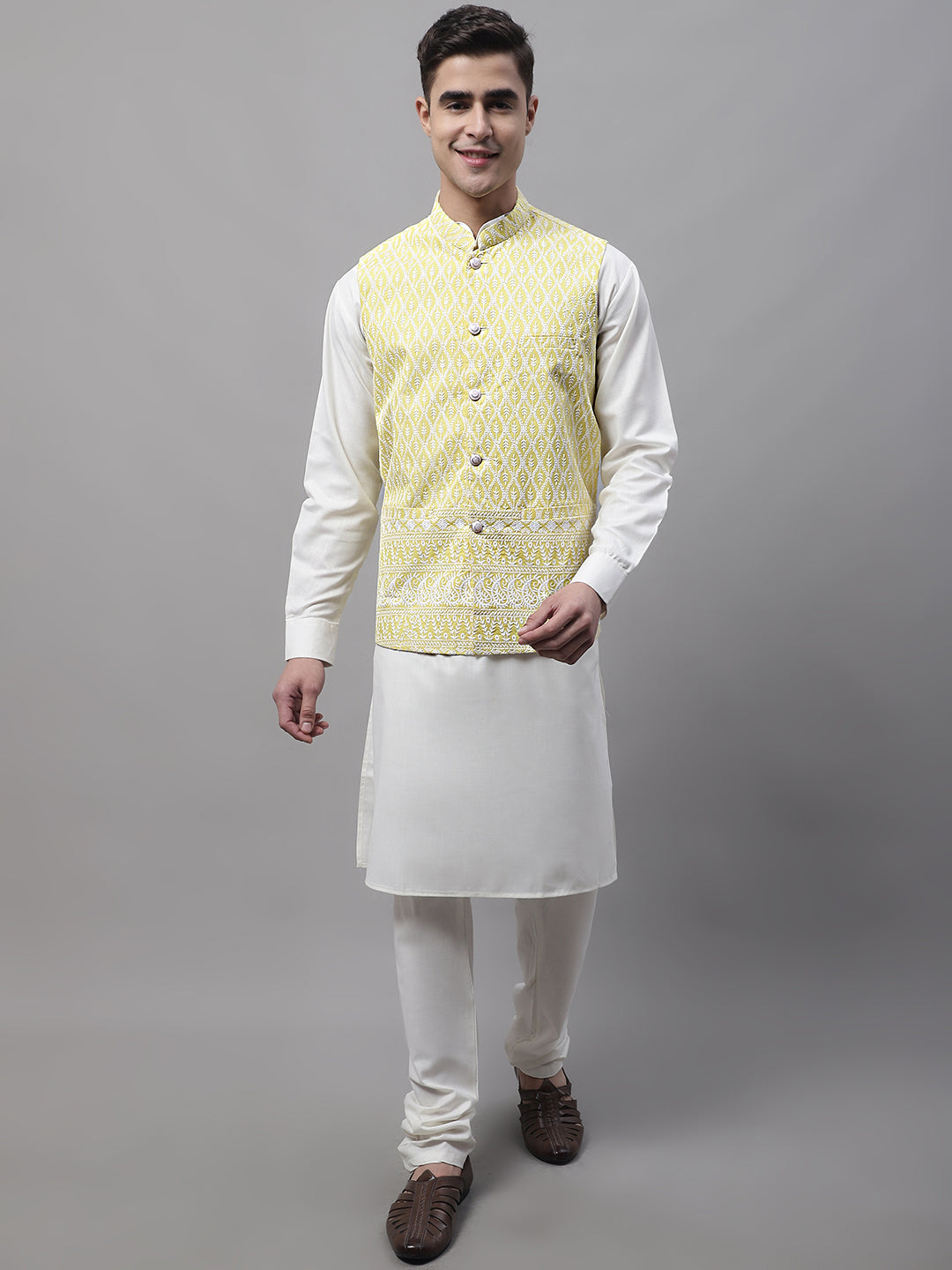 Men Off-White Solid Kurta Pyjama With  Yellow Embroidered Nehru Jacket