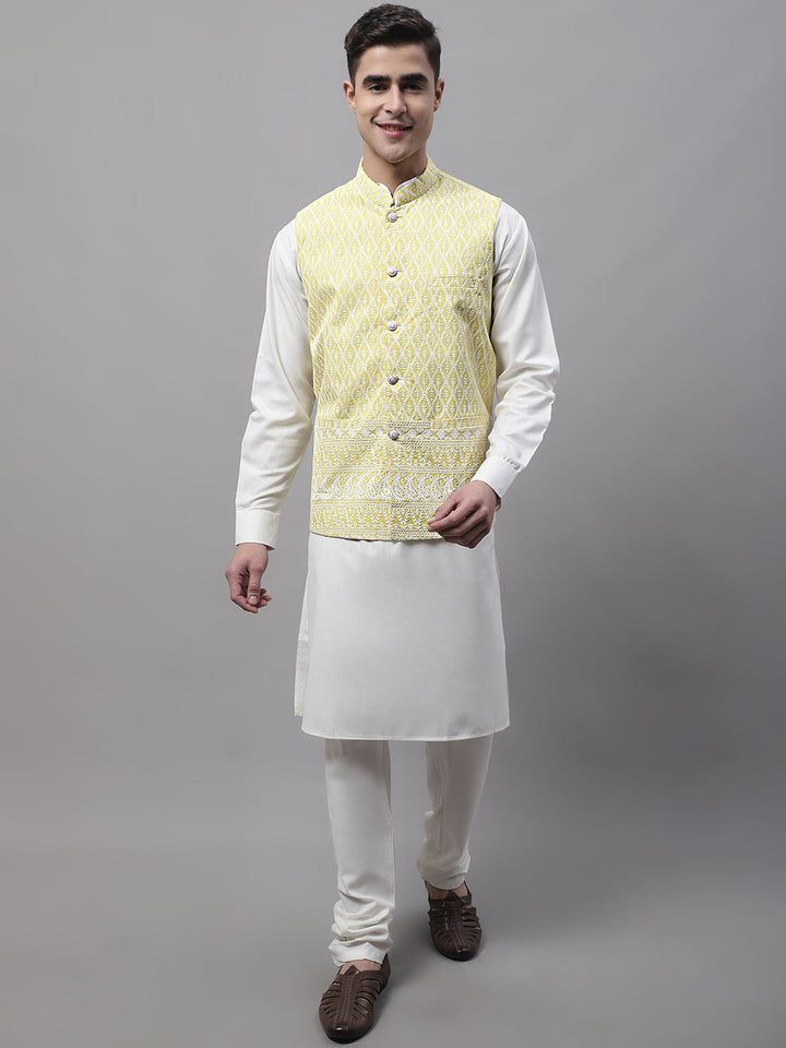 Men Off-White Solid Kurta Pyjama With  Yellow Embroidered Nehru Jacket
