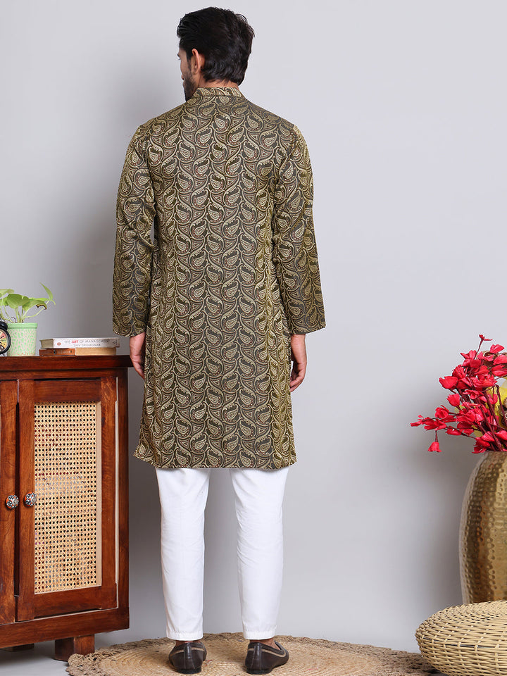 Men Black Silk Blend Straight Kurta Pyjama Set