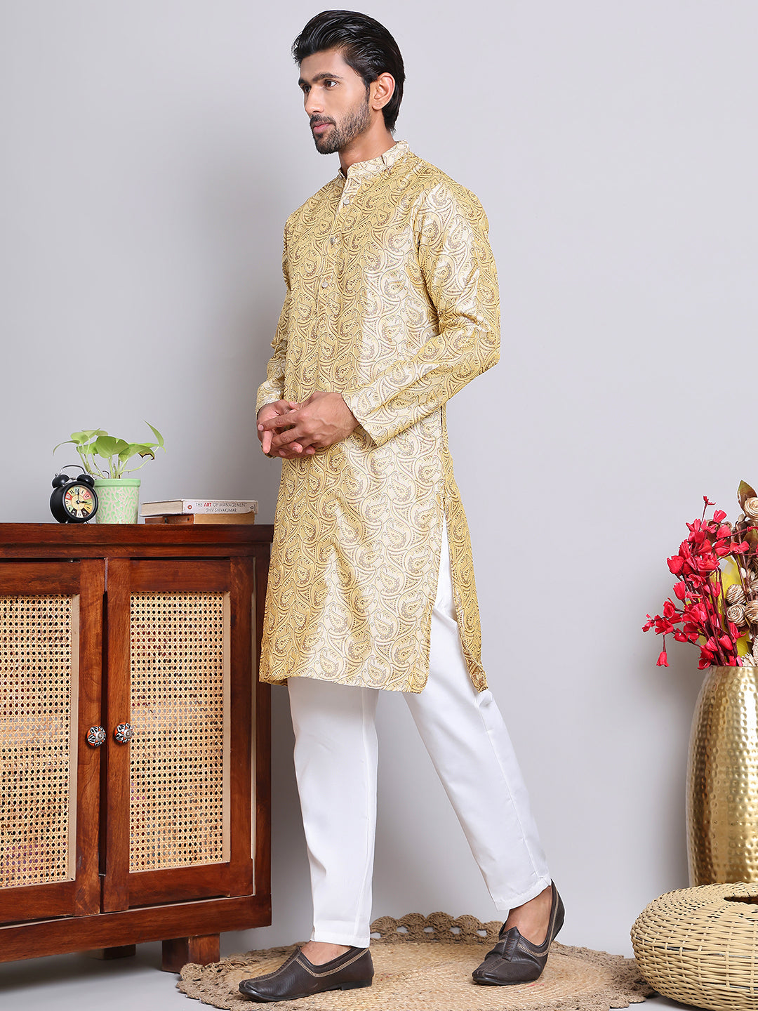 Men Golden Silk Blend Straight Kurta Pyjama Set