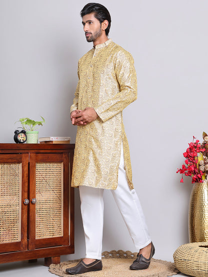 Men Golden Silk Blend Straight Kurta Pyjama Set