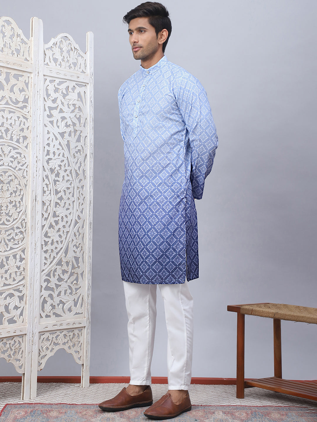 Men'S Blue Ombre Printed Kurta Pyjama Set