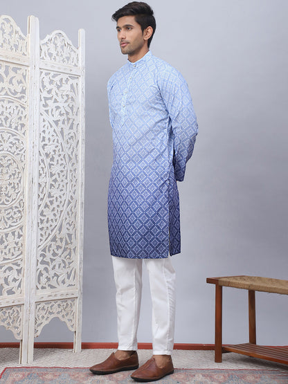 Men'S Blue Ombre Printed Kurta Pyjama Set
