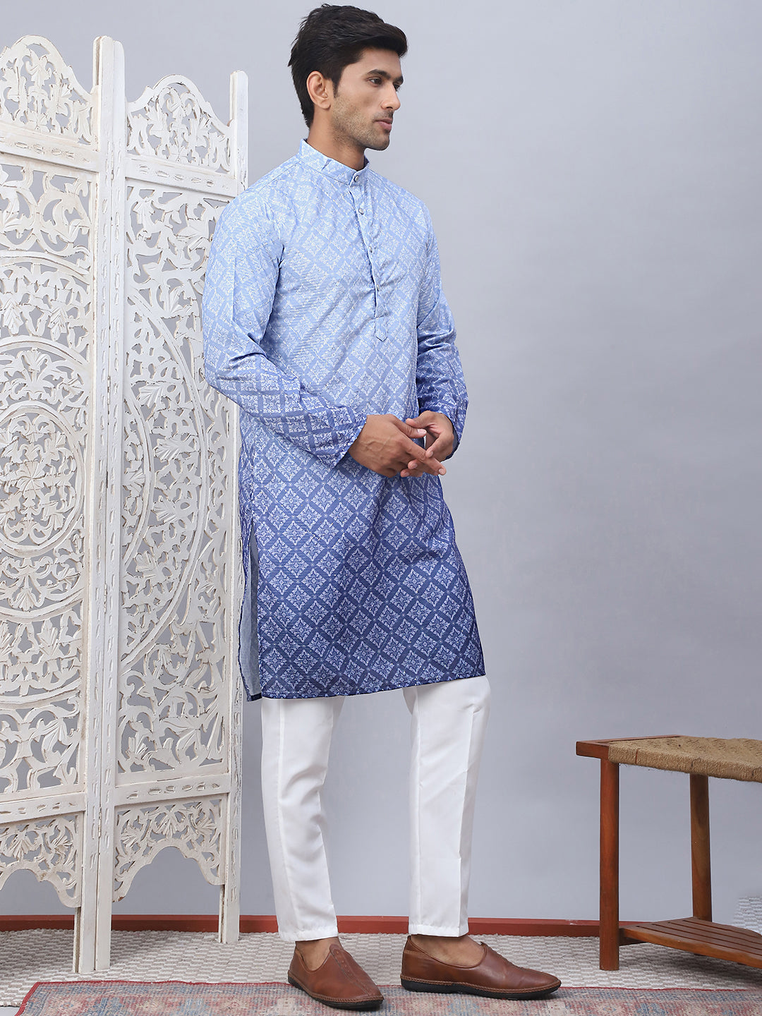 Men'S Blue Ombre Printed Kurta Pyjama Set
