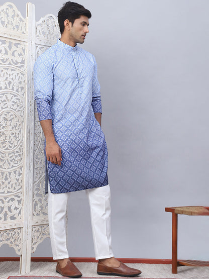 Men'S Blue Ombre Printed Kurta Pyjama Set