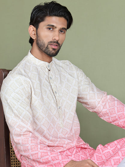 Peach Ombre Printed Kurta Pyjama Set For Men
