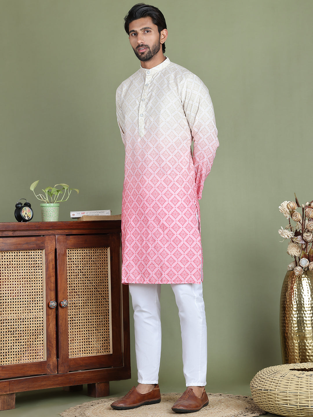 Peach Ombre Printed Kurta Pyjama Set For Men