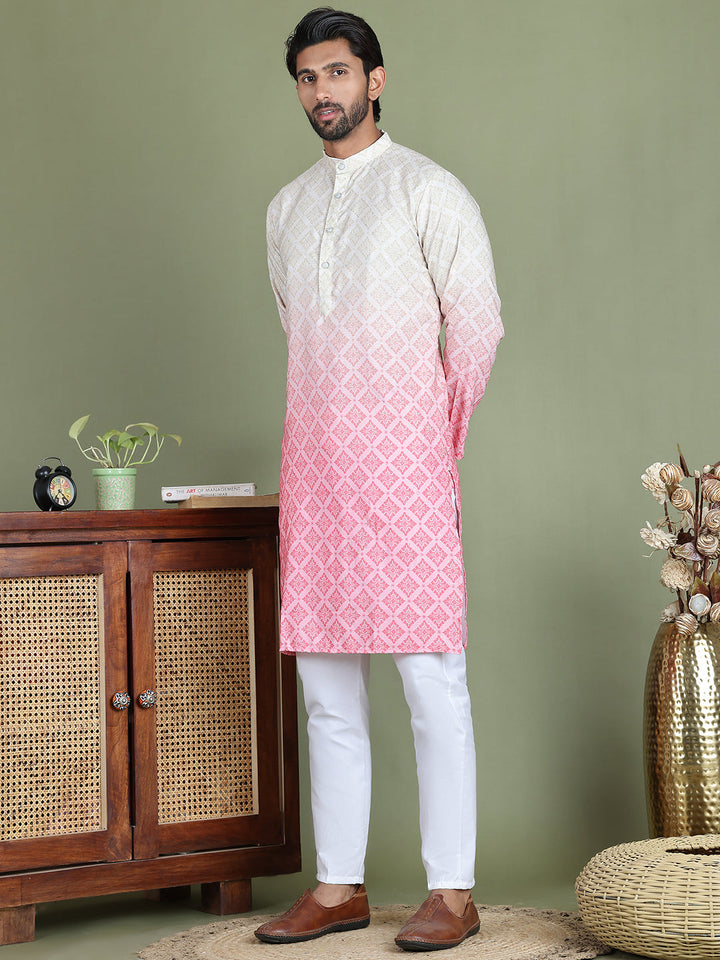 Peach Ombre Printed Kurta Pyjama Set For Men
