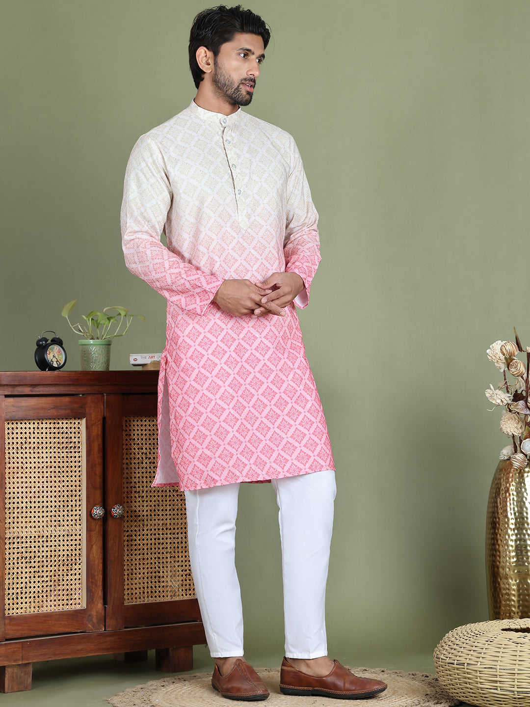 Peach Ombre Printed Kurta Pyjama Set For Men