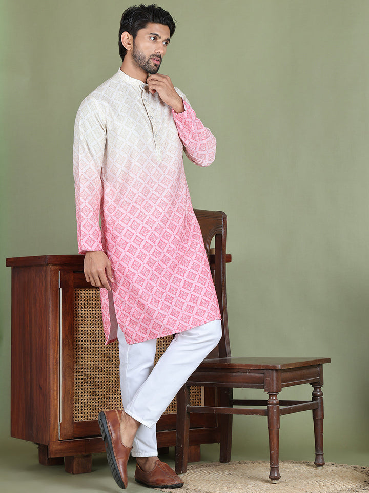 Peach Ombre Printed Kurta Pyjama Set For Men