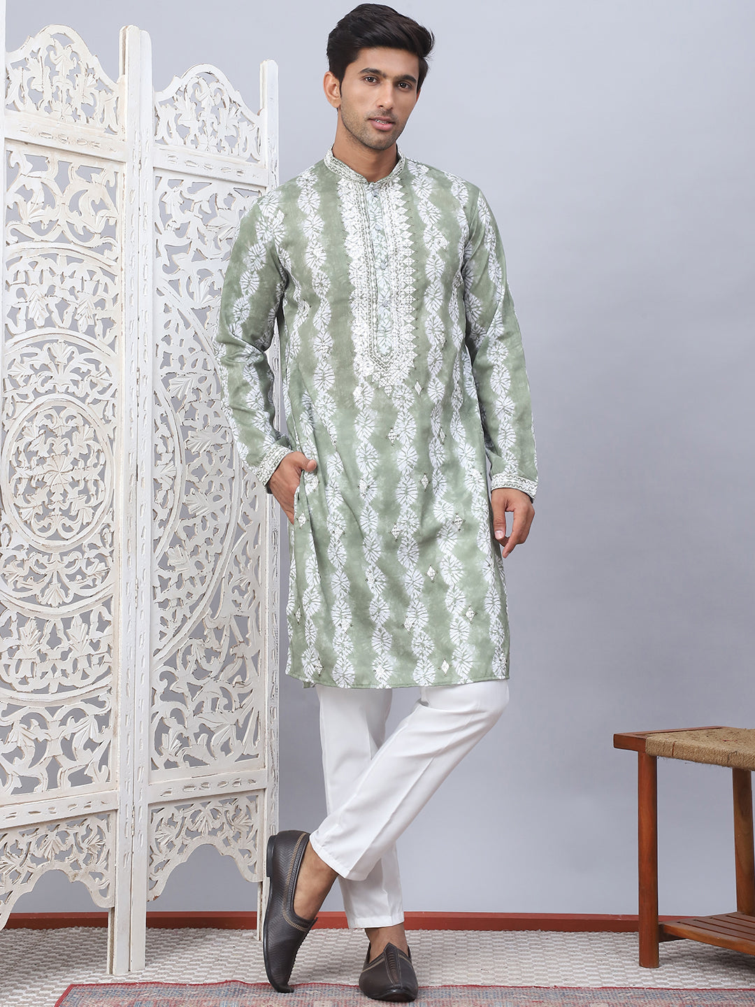 Tie-Dye Embroidered &amp; Sequin Kurta With Pyjama.
