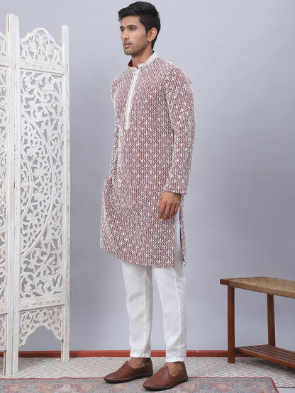 Men'S Maroon Chikankari Embroidered And Sequence Kurta With Pyjama.