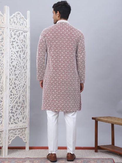 Men'S Maroon Chikankari Embroidered And Sequence Kurta With Pyjama.