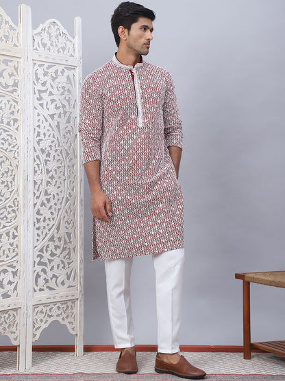 Men'S Maroon Chikankari Embroidered And Sequence Kurta With Pyjama.