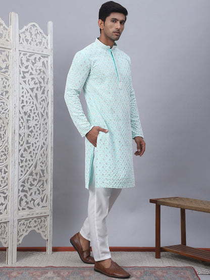 Men'S Sky Blue Chikankari Embroidered And Sequence Kurta With Pyjama.