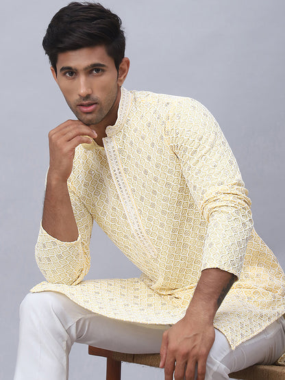 Men'S Yellow Chikankari Embroidered And Sequence Kurta With Pyjama.