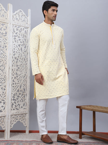 Men'S Yellow Chikankari Embroidered And Sequence Kurta With Pyjama.