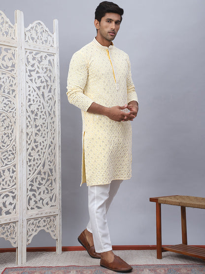 Men'S Yellow Chikankari Embroidered And Sequence Kurta With Pyjama.